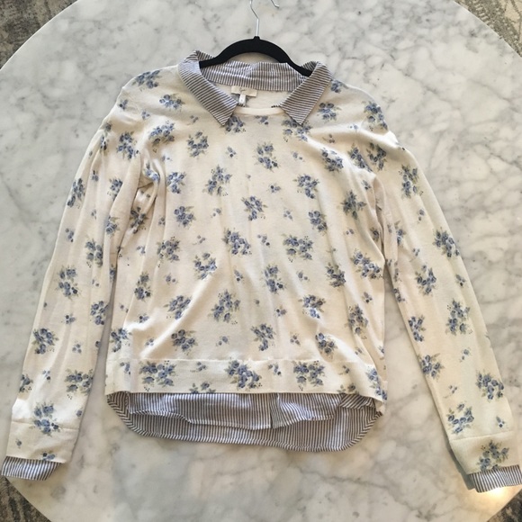 Joie Tops - Blue and cream floral shirt and sweater. Joie Tops - Blue and cream floral shirt and sweater.